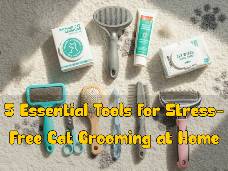 Top 5 essential tools for stress-free cat grooming at home arranged on a clean surface.