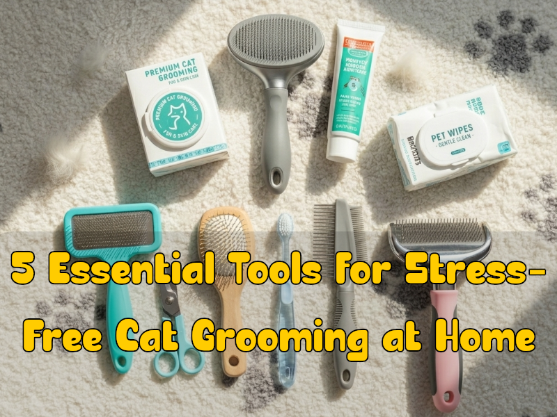 Top 5 essential tools for stress-free cat grooming at home arranged on a clean surface.