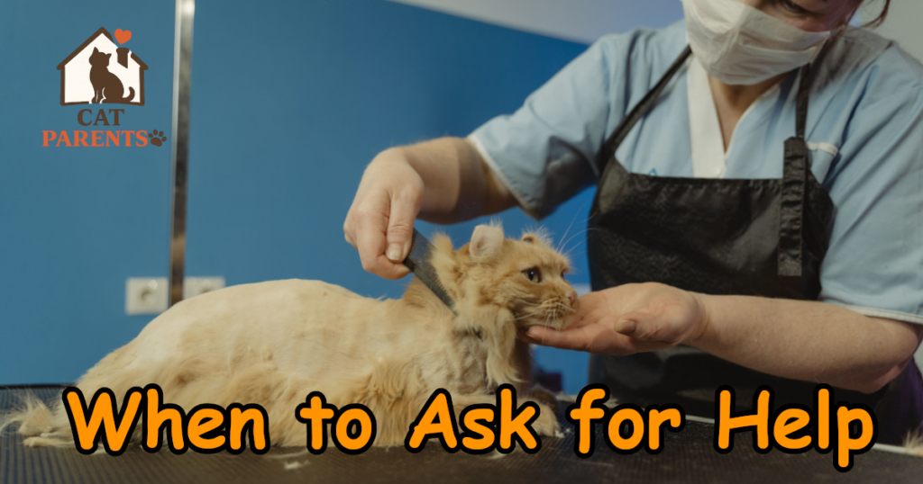 Professional groomer calmly handling an anxious cat