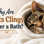 Wet cat clinging to owner after a bath, seeking comfort